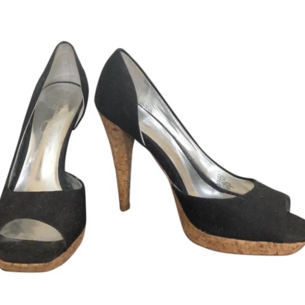 Jessica Simpson Black Fabric Cork Heels